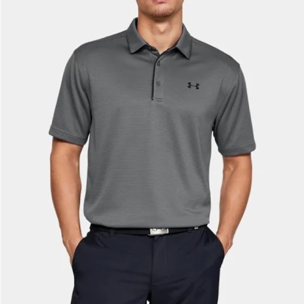 Under Armour- Size medium polo shirt, short sleeve. button polo. Charcoal Grey.